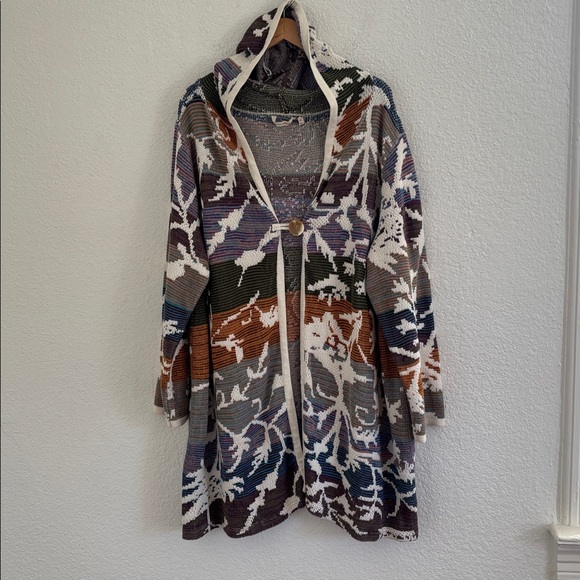 Soft Surroundings Loveland Hooded Multicolor Floral Leaf Striped Sweater Coat - Picture 2 of 8